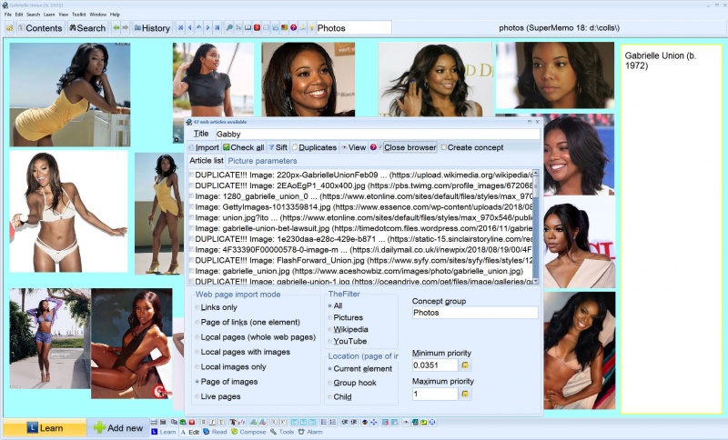 SuperMemo: Importing 47 pictures of Gabrielle Union from the web to Photos concept group